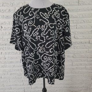 ❤️ Maggie Barnes Women Top 3X Short Sleeve Keyhole Back Black White GEO80E
